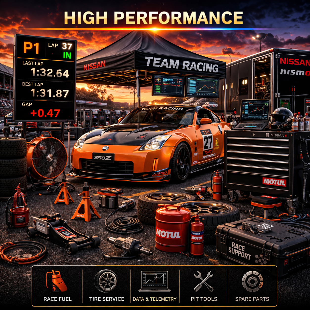 Race support and pit equipment for motorsport operations